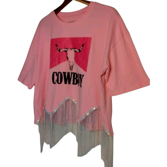 Cowboy T Shirt Large Pink Cropped Silver Fringe Western Cowgirl Crop Top - Picture 4 of 15
